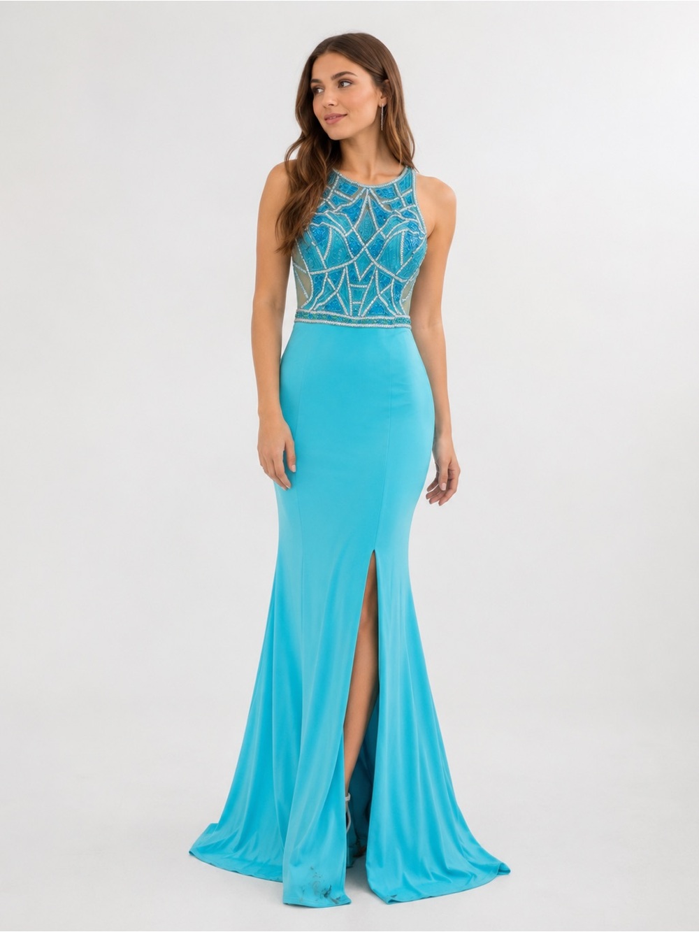 Camille La Vie Turquoise Beaded Mermaid Prom Gown Size 8